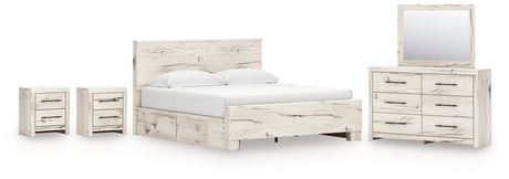 Lawroy 9-Piece King Panel Bed with Mirrored Dresser and 2 Nightstands (Platform King Roll Slats, King Panel Footboard, King Panel Headboard, Queen/King Under Bed Storage, Queen/King Under Bed Storage, Dresser, Bedroom Mirror, Nightstand, Nightstand)