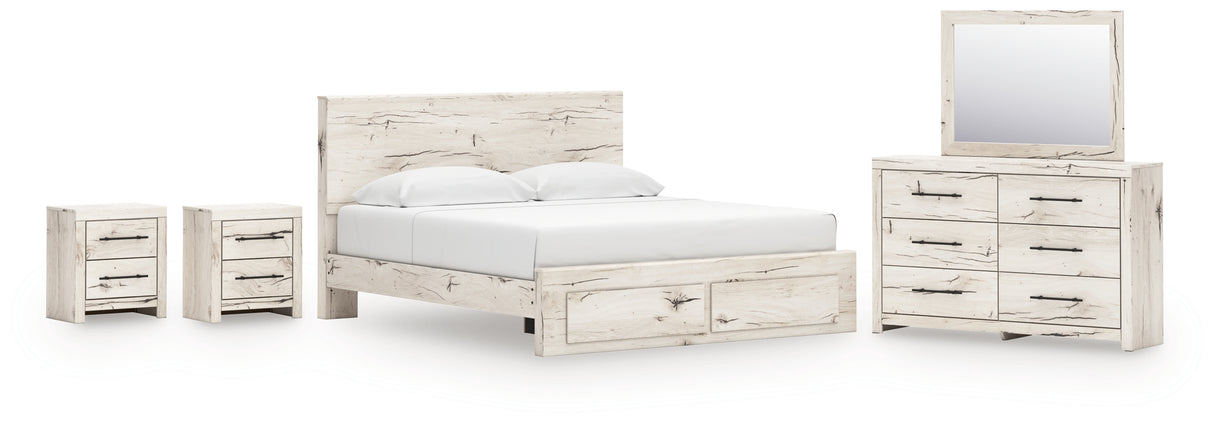 Lawroy 8-Piece King Panel Storage Bed with Mirrored Dresser and 2 Nightstands (Platform King Roll Slats, King Storage Footboard, King Panel Headboard, Queen/King Platform Rails, Dresser, Bedroom Mirror, Nightstand, Nightstand)