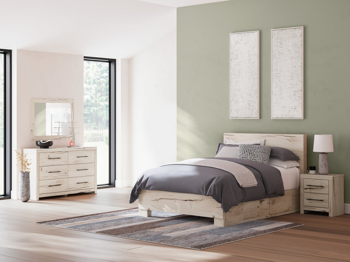 Lawroy 8-Piece Queen Panel Bed with Mirrored Dresser and Nightstand (Platform Queen Roll Slats, Queen Panel Footboard, Queen Panel Headboard, Queen/King Under Bed Storage, Queen/King Platform Rails, Dresser, Bedroom Mirror, Nightstand)