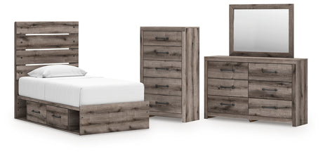 Graystorm 7-Piece Twin Panel Bed with Storage with Mirrored Dresser and Chest (Platform Twin Roll Slats, Twin/Full Under Bed Storage, Twin/Full Under Bed Storage, Twin Panel Headboard/Footboard, Dresser, Bedroom Mirror, Chest of Drawers)
