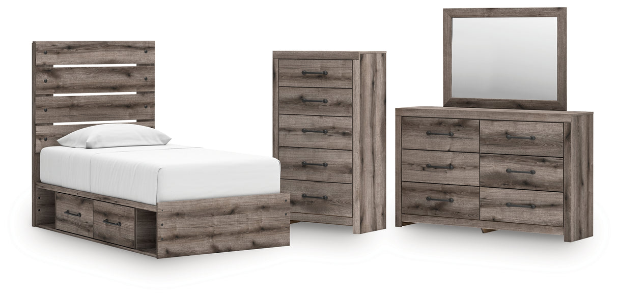 Graystorm 6-Piece Twin Panel Storage Bed with Mirrored Dresser and Chest (Platform Twin Roll Slats, Twin/Full Side Storage with Rail, Twin Panel Headboard/Footboard, Dresser, Bedroom Mirror, Chest of Drawers)