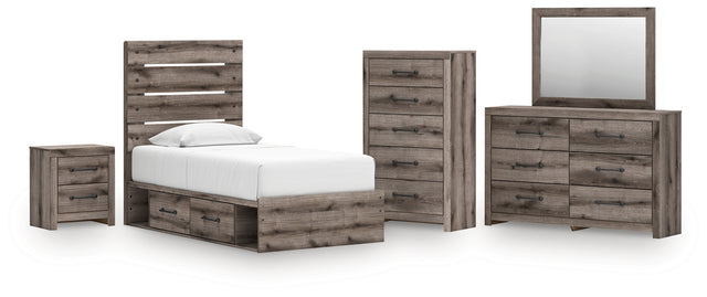 Graystorm 7-Piece Twin Panel Storage Bed with Mirrored Dresser, Chest and Nightstand (Platform Twin Roll Slats, Twin/Full Side Storage with Rail, Twin Panel Headboard/Footboard, Dresser, Bedroom Mirror, Chest of Drawers, Nightstand)