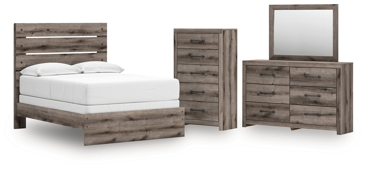 Graystorm 5-Piece Full Panel Bed with Mirrored Dresser and Chest (Full Panel Headboard/Footboard, Full Panel Rails, Dresser, Bedroom Mirror, Chest of Drawers)