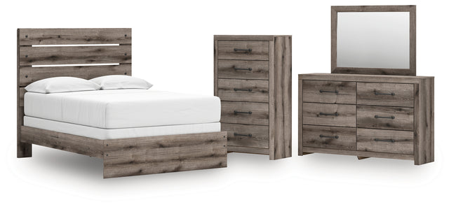 Graystorm 5-Piece Full Panel Bed with Mirrored Dresser and Chest (Full Panel Headboard/Footboard, Full Panel Rails, Dresser, Bedroom Mirror, Chest of Drawers)