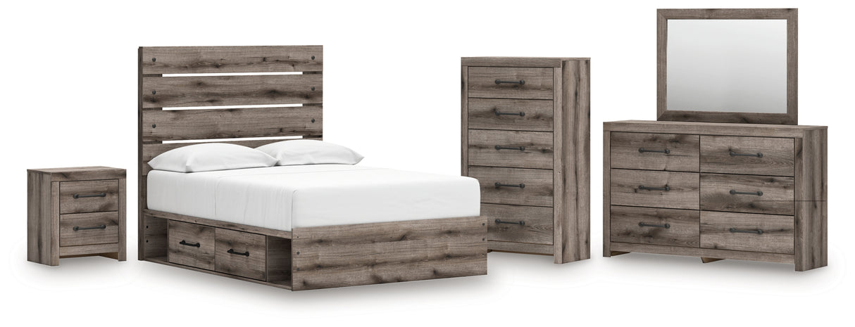 Graystorm 7-Piece Full Panel Bed with Storage with Mirrored Dresser, Chest and Nightstand (Platform Full Roll Slats, Twin/Full Side Storage with Rail, Full Panel Headboard/Footboard, Dresser, Bedroom Mirror, Chest of Drawers, Nightstand)