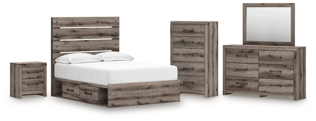 Graystorm 7-Piece Full Panel Bed with Storage with Mirrored Dresser, Chest and Nightstand (Platform Full Roll Slats, Twin/Full Side Storage with Rail, Full Panel Headboard/Footboard, Dresser, Bedroom Mirror, Chest of Drawers, Nightstand)