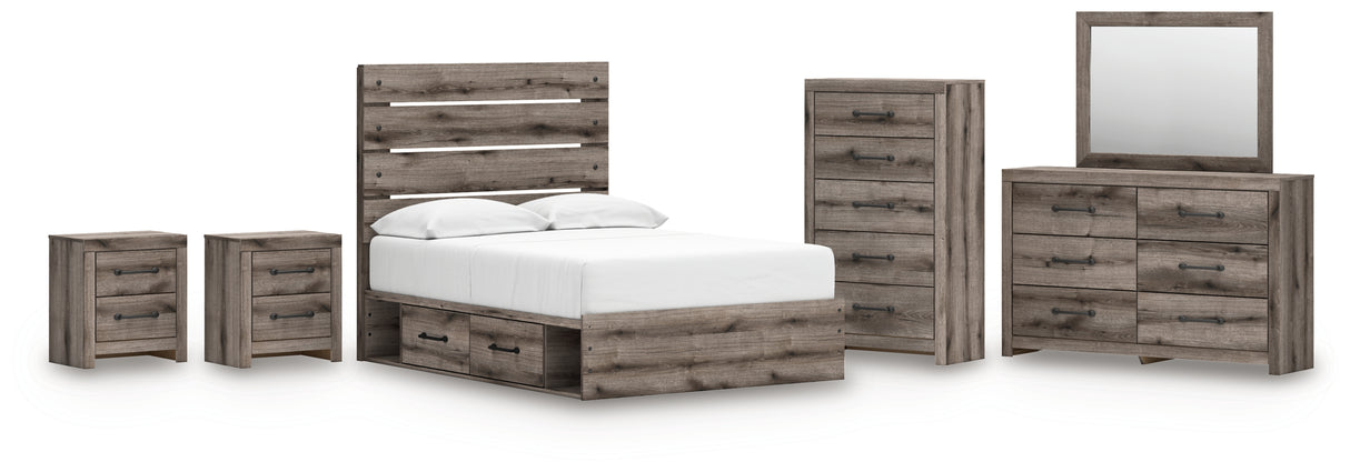 Graystorm 8-Piece Full Panel Bed with Storage with Mirrored Dresser, Chest and 2 Nightstands (Platform Full Roll Slats, Twin/Full Side Storage with Rail, Full Panel Headboard/Footboard, Dresser, Bedroom Mirror, Chest of Drawers, Nightstand, Nightstand)