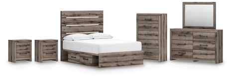 Graystorm 8-Piece Full Panel Bed with Storage with Mirrored Dresser, Chest and 2 Nightstands (Platform Full Roll Slats, Twin/Full Side Storage with Rail, Full Panel Headboard/Footboard, Dresser, Bedroom Mirror, Chest of Drawers, Nightstand, Nightstand)