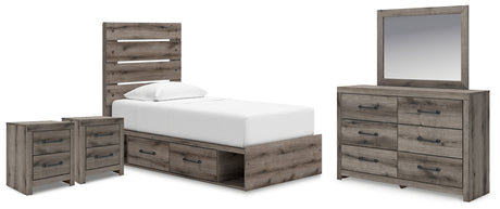 Graystorm 8-Piece Twin Panel Bed with Storage with Mirrored Dresser and 2 Nightstands (Platform Twin Roll Slats, Twin/Full Under Bed Storage, Twin/Full Under Bed Storage, Twin Panel Headboard/Footboard, Dresser, Bedroom Mirror, Nightstand, Nightstand)