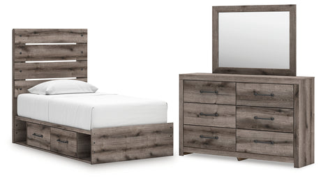 Graystorm 6-Piece Twin Panel Bed with Storage with Mirrored Dresser (Platform Twin Roll Slats, Twin/Full Under Bed Storage, Twin/Full Under Bed Storage, Twin Panel Headboard/Footboard, Dresser, Bedroom Mirror)