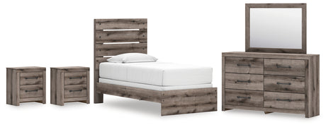 Graystorm 6-Piece Twin Panel Bed with Mirrored Dresser and 2 Nightstands (Twin Panel Headboard/Footboard, Twin Panel Rails, Dresser, Bedroom Mirror, Nightstand, Nightstand)