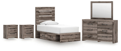 Graystorm 7-Piece Twin Panel Storage Bed with Mirrored Dresser and 2 Nightstands (Platform Twin Roll Slats, Twin/Full Side Storage with Rail, Twin Panel Headboard/Footboard, Dresser, Bedroom Mirror, Nightstand, Nightstand)