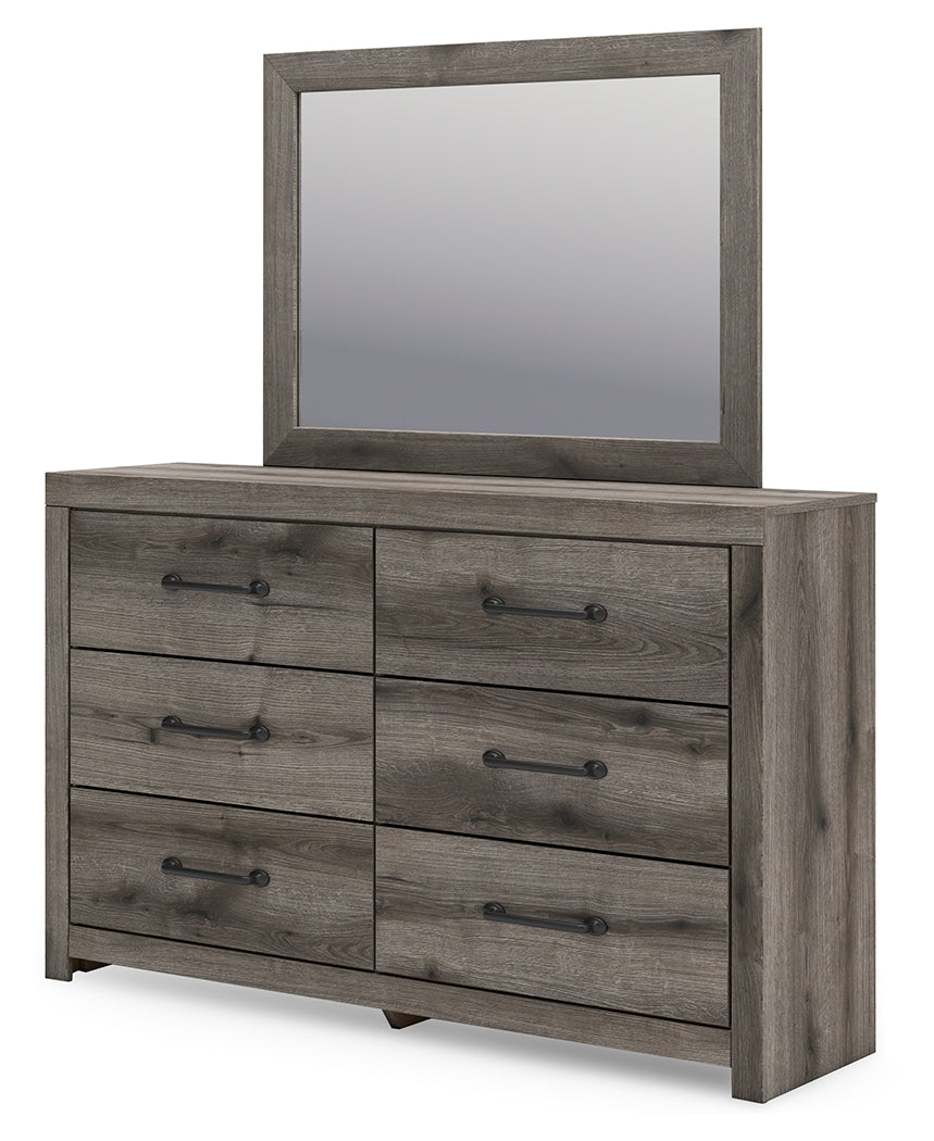 Graystorm 6-Piece Twin Panel Bed with Mirrored Dresser, Chest and Nightstand (Twin Panel Headboard/Footboard, Twin Panel Rails, Dresser, Bedroom Mirror, Chest of Drawers, Nightstand)