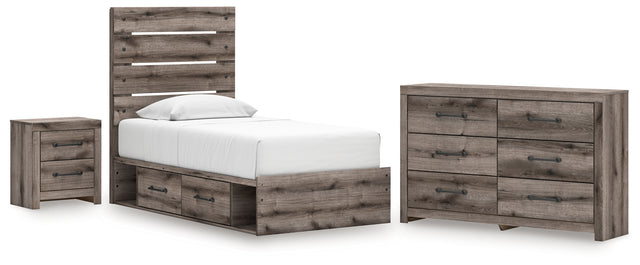 Graystorm 5-Piece Twin Panel Storage Bed with Dresser and Nightstand (Platform Twin Roll Slats, Twin/Full Side Storage with Rail, Twin Panel Headboard/Footboard, Dresser, Nightstand)