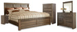 Juararo California King Panel Bed, Dresser, Mirror, Chest and Nightstand