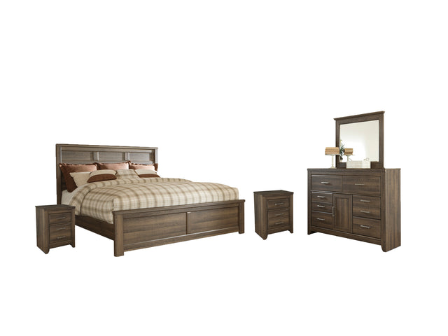Juararo 7-Piece Queen Panel Bed with Mirrored Dresser and 2 Nightstands (Dresser, Bedroom Mirror, Queen Panel Footboard, Queen Panel Headboard, Queen Rails, Nightstand, Nightstand)