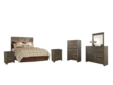 Juararo 6-Piece Queen Panel Headboard with Mirrored Dresser, Chest and 2 Nightstands (Chest of Drawers, Queen Panel Headboard, Dresser, Bedroom Mirror, Nightstand, Nightstand)