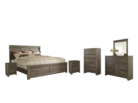 Juararo 8-Piece King Panel Bed with Mirrored Dresser, Chest and 2 Nightstands (Chest of Drawers, Nightstand, Nightstand, Dresser, Bedroom Mirror, King/California King Panel Footboard, King/California King Panel Headboard, King Rails)