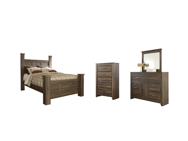 Juararo 6-Piece Queen Poster Bed with Mirrored Dresser and Chest (Chest of Drawers, Queen Poster Footboard, Queen Poster Headboard, Queen Rails, Dresser, Bedroom Mirror)