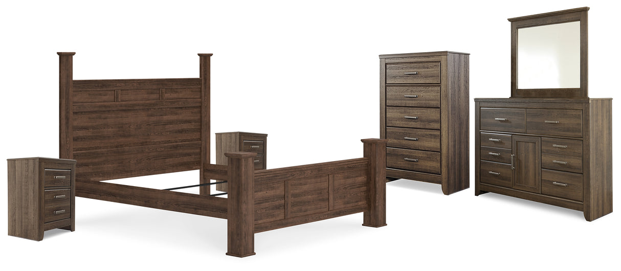 Juararo California King Poster Bed, Dresser, Mirror, Chest and 2 Nightstands (Bed Size: California King)
