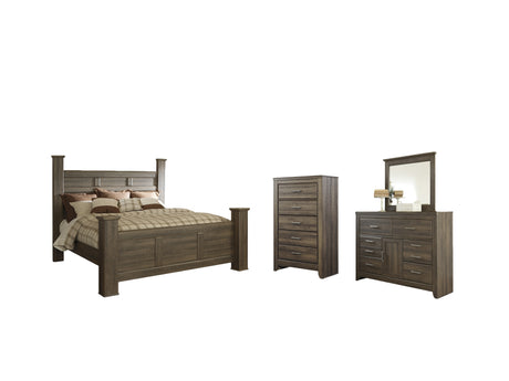 Juararo 6-Piece California King Poster Bed with Mirrored Dresser and Chest (Dresser, Bedroom Mirror, King/California King Poster Footboard, King/California King Poster Headboard, California King Rails, Chest of Drawers)