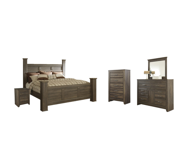 Juararo 7-Piece California King Poster Bed with Mirrored Dresser, Chest and Nightstand (Chest of Drawers, Nightstand, Dresser, Bedroom Mirror, King/California King Poster Footboard, King/California King Poster Headboard, California King Rails)