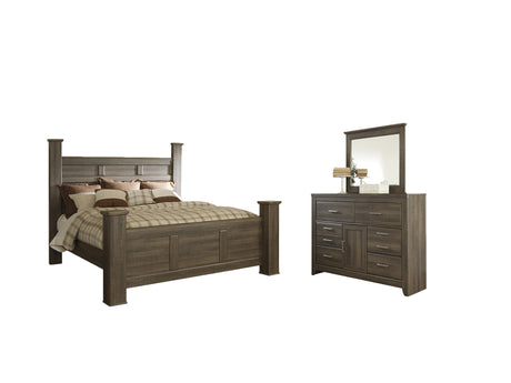 Juararo 5-Piece King Poster Bed with Mirrored Dresser (Dresser, Bedroom Mirror, King/California King Poster Footboard, King/California King Poster Headboard, King Rails)