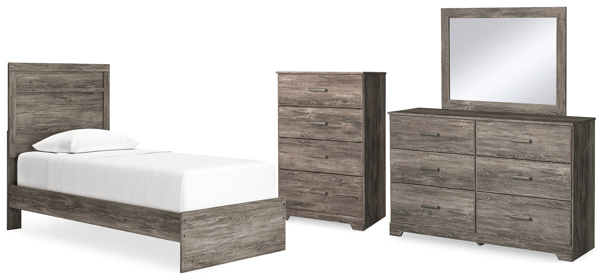 Ralinksi 5-Piece Twin Panel Bed with Mirrored Dresser and Chest (Twin Panel Headboard/Footboard, Twin Panel Rails, Dresser, Bedroom Mirror, Chest of Drawers)