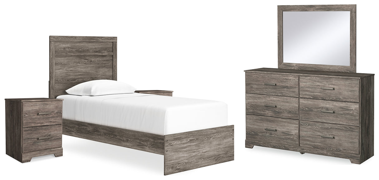 Ralinksi 6-Piece Twin Panel Bed with Mirrored Dresser and 2 Nightstands (Twin Panel Headboard/Footboard, Twin Panel Rails, Dresser, Bedroom Mirror, Nightstand, Nightstand)