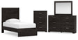 Belachime 5-Piece Twin Panel Bed with Mirrored Dresser and Chest (Twin Panel Headboard/Footboard, Twin Panel Rails, Dresser, Bedroom Mirror, Chest of Drawers)