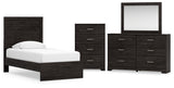 Belachime 5-Piece Twin Panel Bed with Mirrored Dresser and Chest (Twin Panel Headboard/Footboard, Twin Panel Rails, Dresser, Bedroom Mirror, Chest of Drawers)