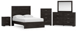 Belachime 6-Piece Full Panel Bed with Mirrored Dresser, Chest and Nightstand (Full Panel Headboard/Footboard, Full Panel Rails, Dresser, Bedroom Mirror, Chest of Drawers, Nightstand)