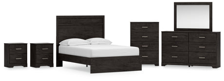 Belachime 7-Piece Full Panel Bed with Mirrored Dresser, Chest and 2 Nightstands (Full Panel Headboard/Footboard, Full Panel Rails, Dresser, Bedroom Mirror, Chest of Drawers, Nightstand, Nightstand)