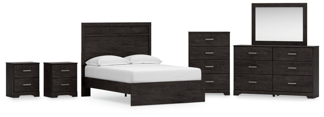 Belachime 7-Piece Full Panel Bed with Mirrored Dresser, Chest and 2 Nightstands (Full Panel Headboard/Footboard, Full Panel Rails, Dresser, Bedroom Mirror, Chest of Drawers, Nightstand, Nightstand)