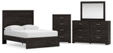 Belachime 5-Piece Full Panel Bed with Mirrored Dresser and Chest (Full Panel Headboard/Footboard, Full Panel Rails, Dresser, Bedroom Mirror, Chest of Drawers)