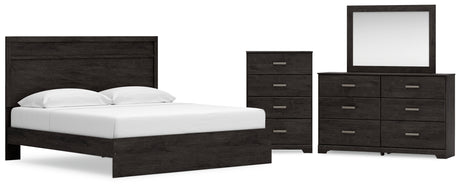 Belachime 5-Piece King Panel Bed with Mirrored Dresser and Chest (King Panel Headboard/Footboard, King Panel Rails, Dresser, Bedroom Mirror, Chest of Drawers)