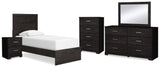 Belachime 6-Piece Twin Panel Bed with Mirrored Dresser, Chest and Nightstand (Twin Panel Headboard/Footboard, Twin Panel Rails, Dresser, Bedroom Mirror, Chest of Drawers, Nightstand)