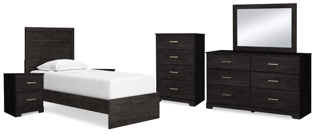 Belachime 7-Piece Twin Panel Bed with Mirrored Dresser, Chest and 2 Nightstands (Twin Panel Headboard/Footboard, Twin Panel Rails, Dresser, Bedroom Mirror, Chest of Drawers, Nightstand, Nightstand)
