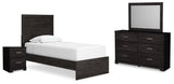 Belachime 5-Piece Twin Panel Bed with Mirrored Dresser and Nightstand (Twin Panel Headboard/Footboard, Twin Panel Rails, Dresser, Bedroom Mirror, Nightstand)