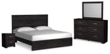 Belachime 5-Piece King Panel Bed with Mirrored Dresser and Nightstand (King Panel Headboard/Footboard, King Panel Rails, Dresser, Bedroom Mirror, Nightstand)