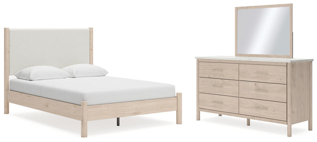 Cadmori Queen Upholstered Panel Bed, Dresser and Mirror (Bed Size: Queen)