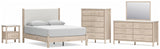 Cadmori 7-Piece Queen Upholstered Panel Bed with Mirrored Dresser, Chest and Nightstand (Platform Queen Roll Slats, Queen Panel Footboard with Rails, Queen Upholstered Panel Headboard, Dresser, Bedroom Mirror, Chest of Drawers, Nightstand)