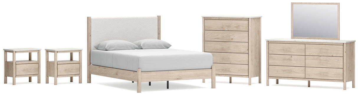 Cadmori 8-Piece Queen Upholstered Panel Bed with Mirrored Dresser, Chest and 2 Nightstands (Platform Queen Roll Slats, Queen Panel Footboard with Rails, Queen Upholstered Panel Headboard, Dresser, Bedroom Mirror, Chest of Drawers, Nightstand, Nightstand)