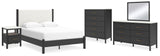 Cadmori 7-Piece Queen Upholstered Panel Bed with Mirrored Dresser, Chest and Nightstand (Platform Queen Roll Slats, Queen Panel Footboard with Rails, Queen Upholstered Panel Headboard, Dresser, Bedroom Mirror, Chest of Drawers, Nightstand)
