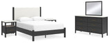 Cadmori 7-Piece Queen Upholstered Panel Bed with Mirrored Dresser and 2 Nightstands (Platform Queen Roll Slats, Queen Panel Footboard with Rails, Queen Upholstered Panel Headboard, Dresser, Bedroom Mirror, Nightstand, Nightstand)