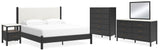 Cadmori 7-Piece King Upholstered Panel Bed with Mirrored Dresser, Chest and Nightstand (Platform King Roll Slats, King Panel Footboard with Rails, King Upholstered Panel Headboard, Dresser, Bedroom Mirror, Chest of Drawers, Nightstand)