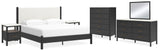 Cadmori 8-Piece King Upholstered Panel Bed with Mirrored Dresser, Chest and 2 Nightstands (Platform King Roll Slats, King Panel Footboard with Rails, King Upholstered Panel Headboard, Dresser, Bedroom Mirror, Chest of Drawers, Nightstand, Nightstand)
