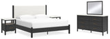 Cadmori 7-Piece King Upholstered Panel Bed with Mirrored Dresser and 2 Nightstands (Platform King Roll Slats, King Panel Footboard with Rails, King Upholstered Panel Headboard, Dresser, Bedroom Mirror, Nightstand, Nightstand)