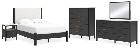 Cadmori 7-Piece Full Upholstered Panel Bed with Mirrored Dresser, Chest and Nightstand (Platform Full Roll Slats, Full Panel Footboard with Rails, Full Upholstered Panel Headboard, Dresser, Bedroom Mirror, Chest of Drawers, Nightstand)