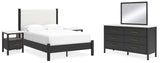 Cadmori 7-Piece Full Upholstered Panel Bed with Mirrored Dresser and 2 Nightstands (Platform Full Roll Slats, Full Panel Footboard with Rails, Full Upholstered Panel Headboard, Dresser, Bedroom Mirror, Nightstand, Nightstand)